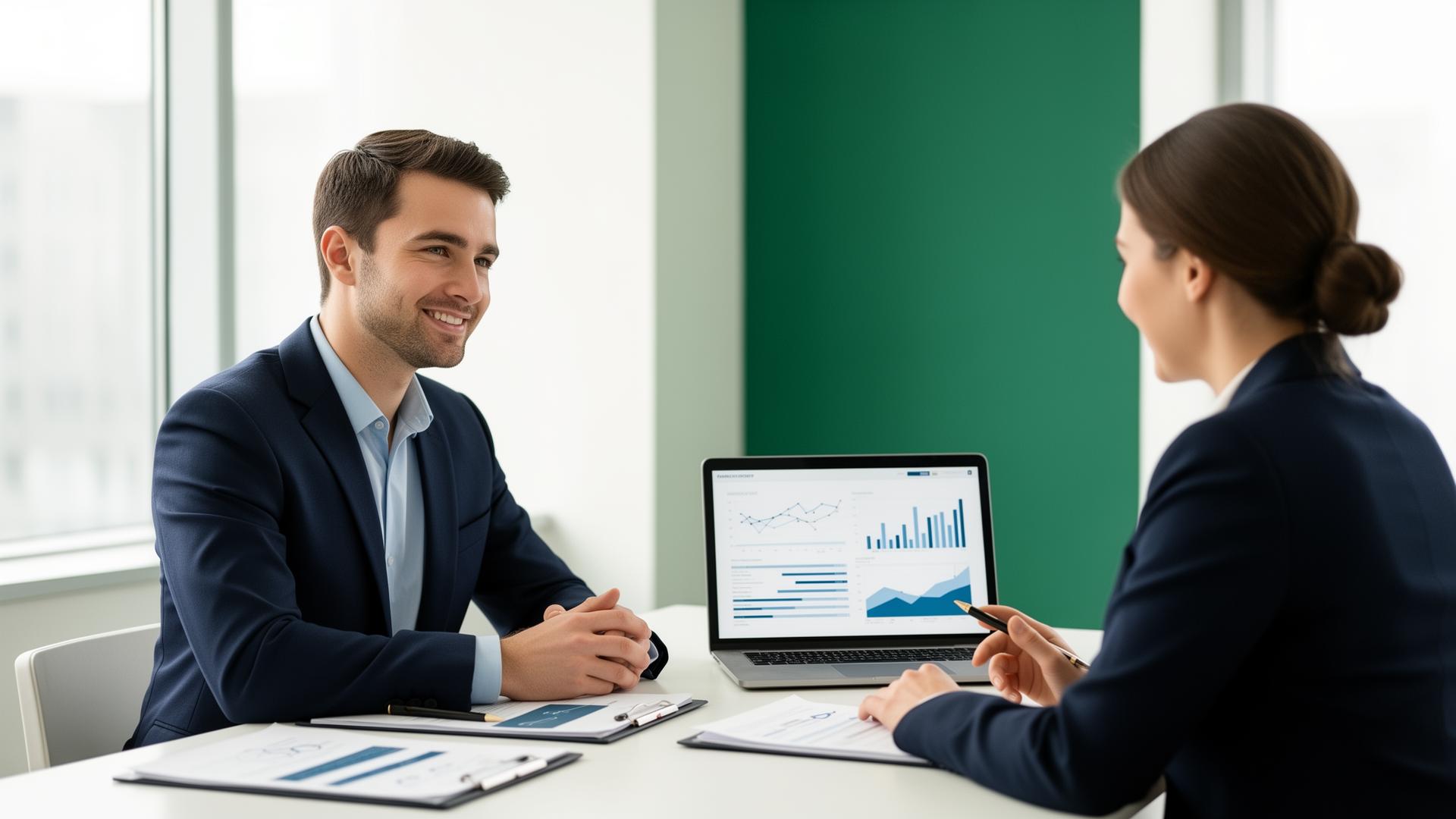 Accountants advising a client with a financial dashboard